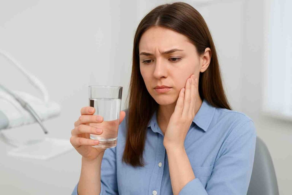 Woman sitting at home with a glass of water after dental filling, showing safe beverage choice and recovery care.