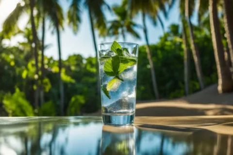"Refreshing glass of purified water with mint leaves placed outdoors near palm trees, representing safe alternatives to tap water in Punta Cana such as bottled and filtered water for travelers."