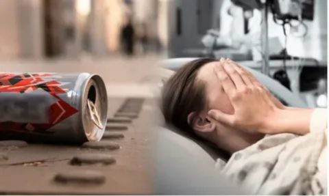 A composite image showing an empty energy drink can lying on the ground next to a distressed person covering their face while lying on a bed in a hospital-like setting, symbolizing the severe health consequences of overconsumption.