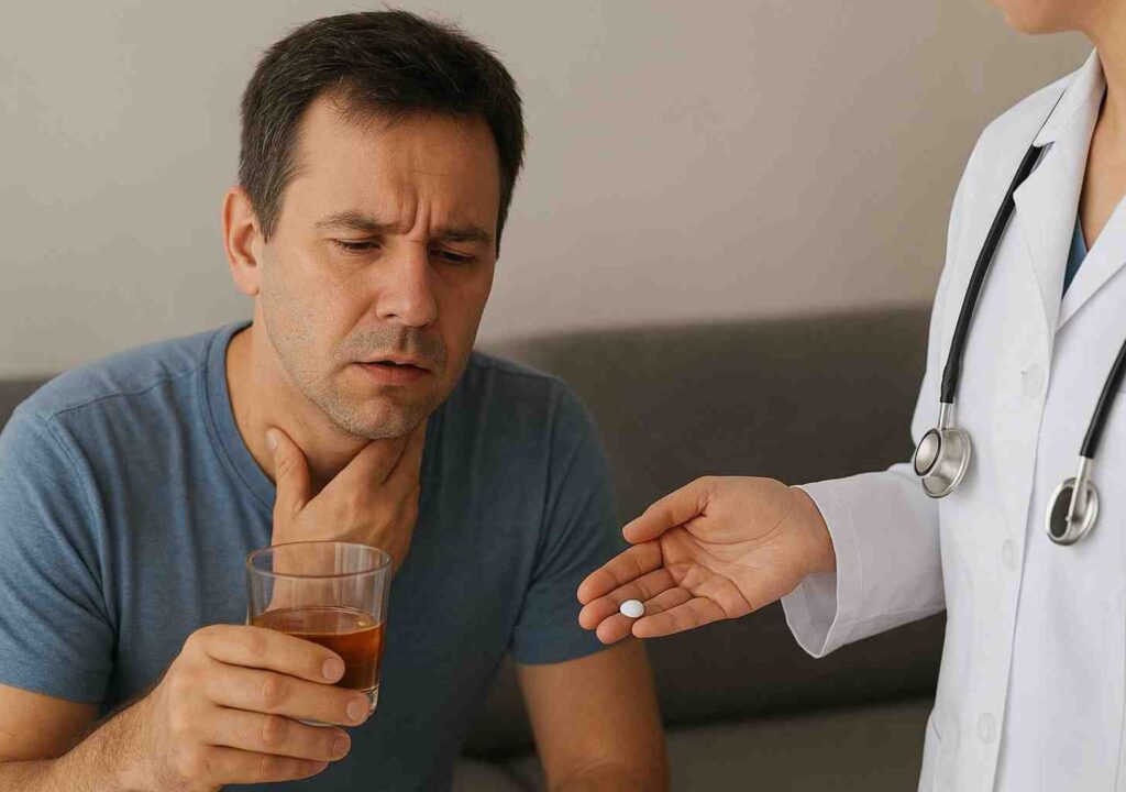 "A man in recovery after tonsil surgery holds his throat with one hand and a glass of alcohol in the other, while a doctor offers him medication, symbolizing the risks of drinking alcohol two weeks after a tonsillectomy."