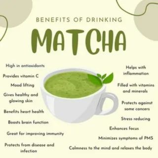 Illustrated cup of matcha tea with text listing health benefits such as antioxidants, vitamin C, improved brain function, heart health, stress reduction, and inflammation support.