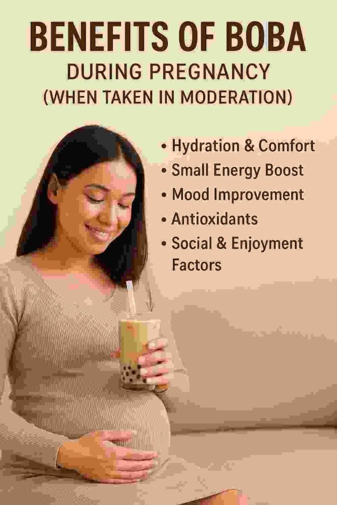 A pregnant woman enjoying a cup of bubble tea, illustrating the safe and moderate consumption of boba during pregnancy.