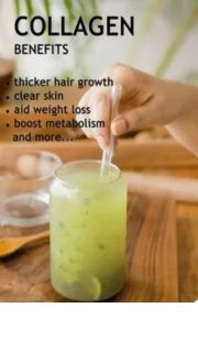 Glass of collagen drink with text highlighting benefits such as thicker hair growth, clear skin, weight management, and metabolism boost — illustrating potential advantages of collagen supplementation during pregnancy.