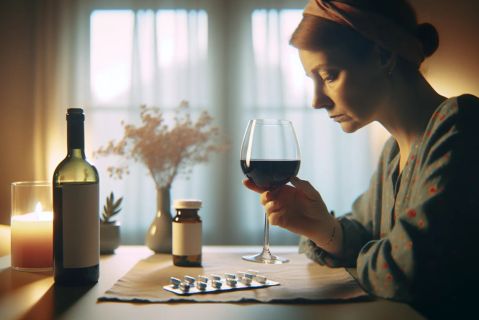 A woman sitting at a table holding a glass of red wine with a bottle of alcohol and fluconazole pills nearby, representing the health risks of mixing alcohol with antifungal medication.