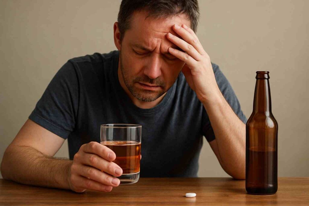 Distressed man sitting at a table holding a glass of alcohol with a pill and beer bottle nearby, symbolizing the long-term risks of mixing Vyvanse with drinking.
