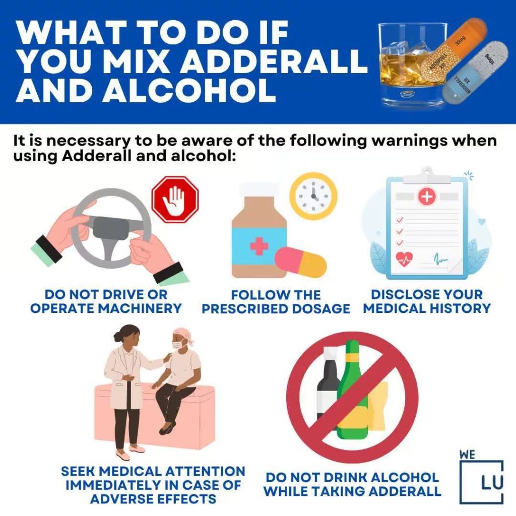 "Illustration representing the risks of mixing Adderall, a stimulant, with alcohol, a depressant, highlighting dangers such as masked intoxication, heart strain, and increased risk of alcohol poisoning."
