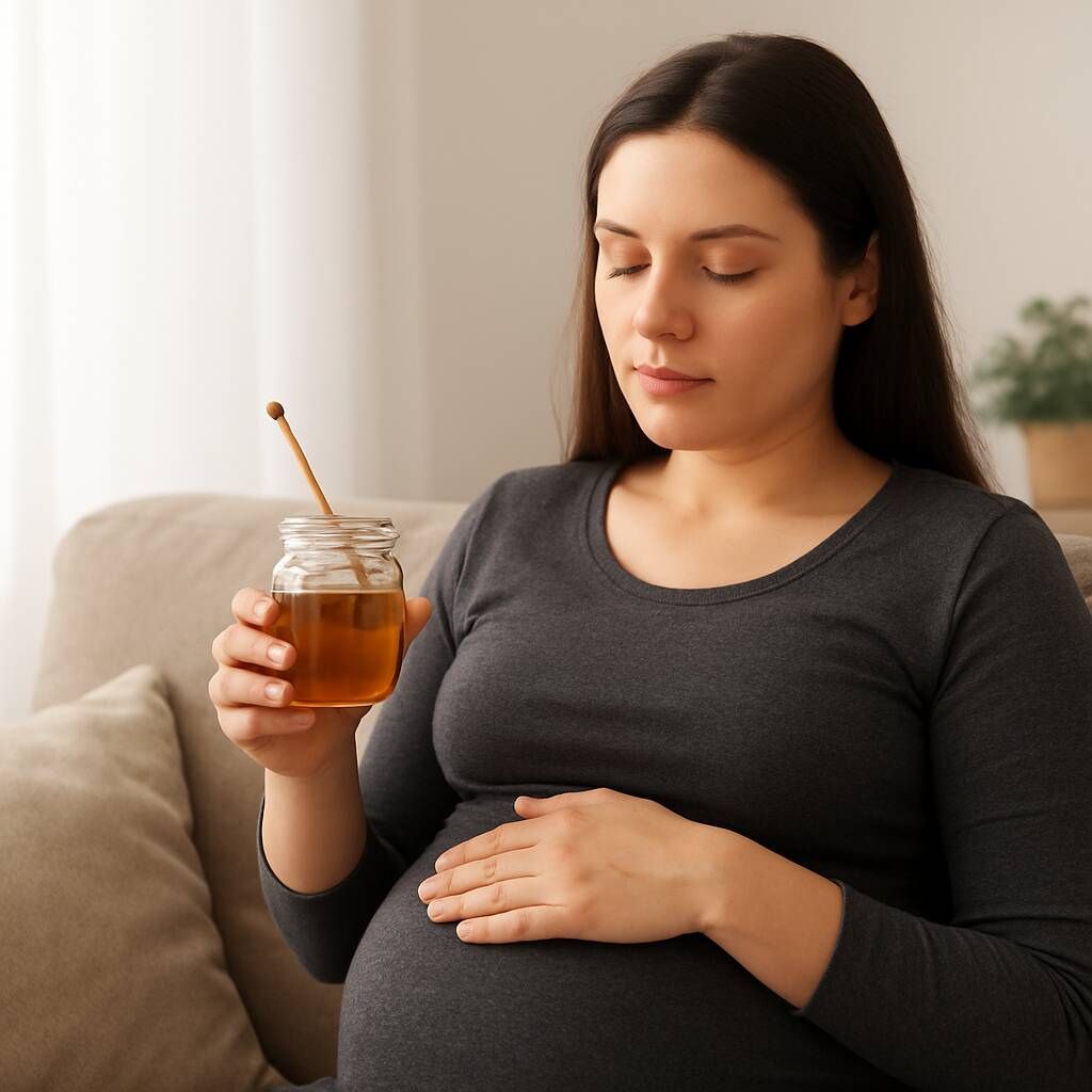 Pregnant woman sitting on a sofa holding a jar of honey with a wooden dipper, gently touching her belly, representing the topic “can pregnant women drink honey.”