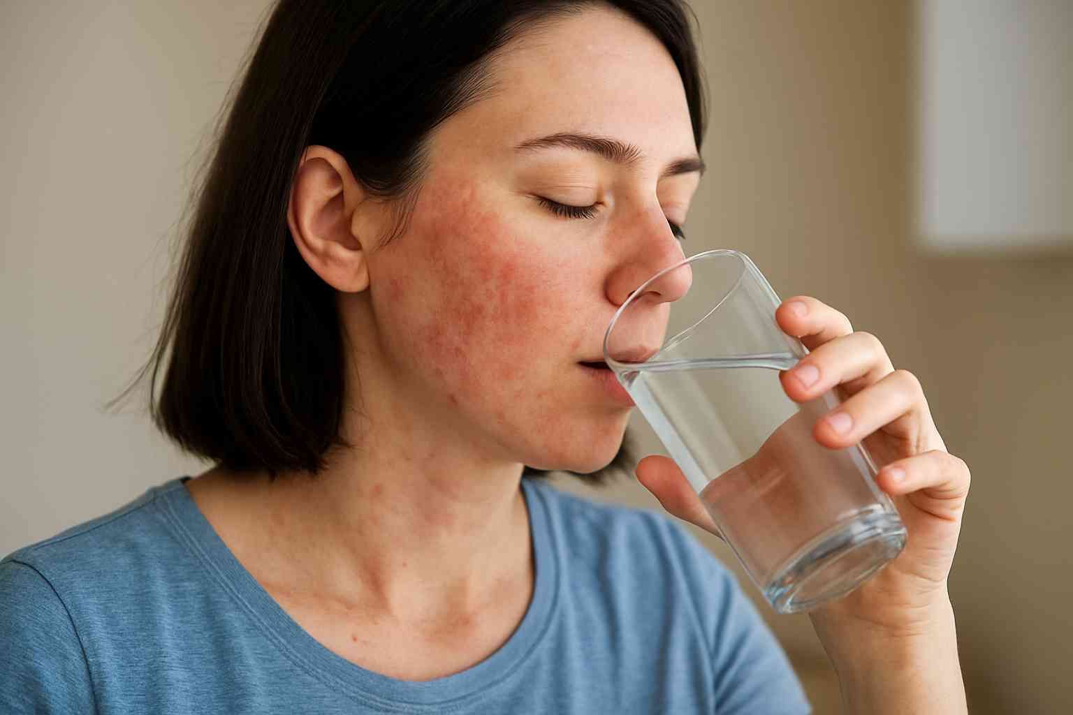 A woman with clear, hydrated skin drinking a glass of water, symbolizing the connection between hydration and eczema relief.