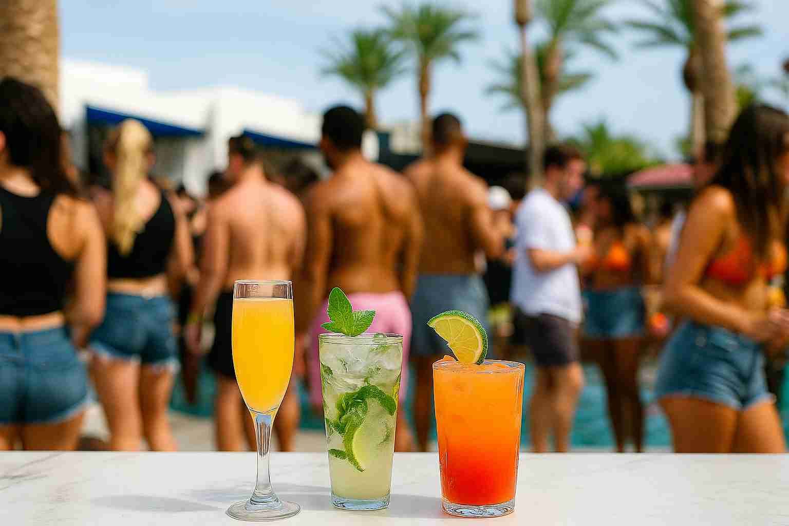 A lively Las Vegas nightlife scene showing people enjoying cocktails and beer at a vibrant bar with neon lights, capturing the essence of all you can drink in Vegas.