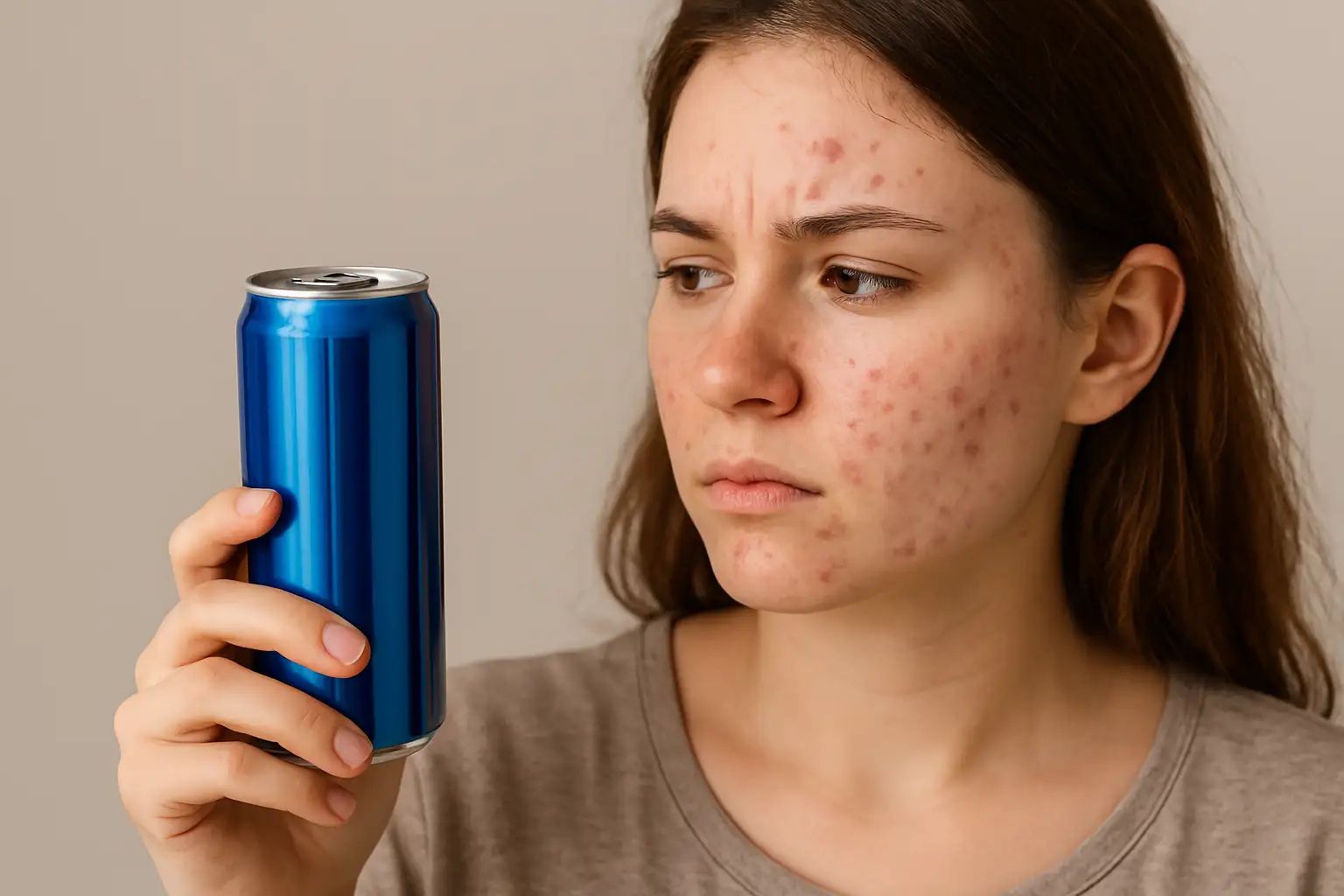 A young woman examining her skin in the mirror, showing mild acne breakouts possibly linked to energy drink consumption.