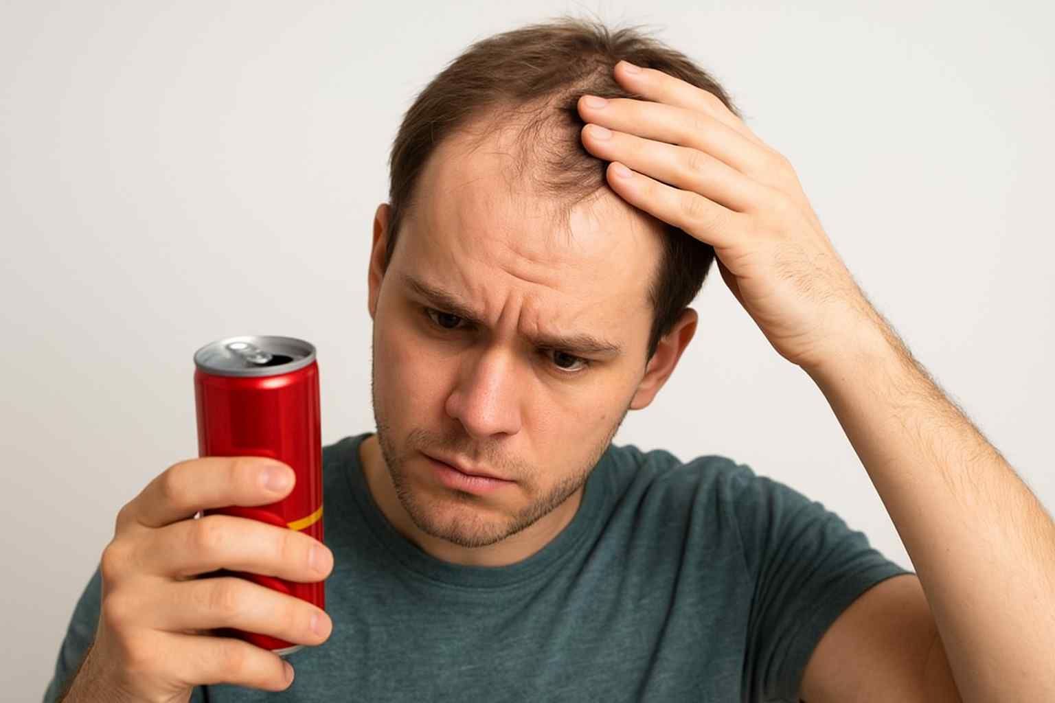 A young man worried about hair thinning while holding an energy drink can, illustrating the possible link between caffeine and hair loss.