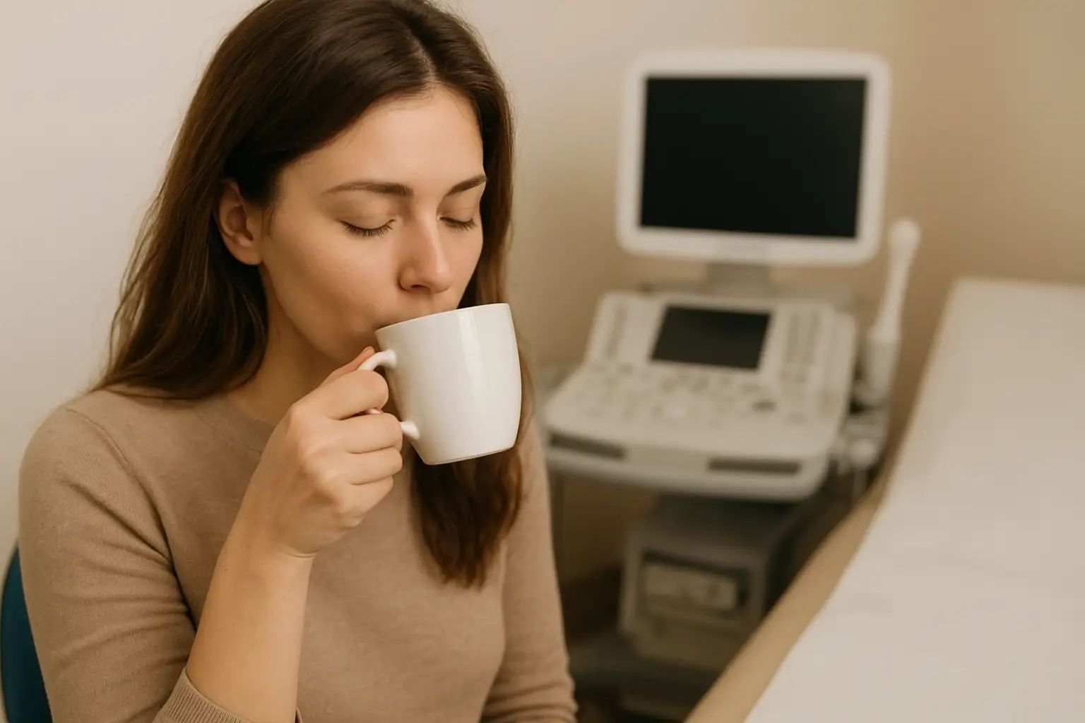 A woman holding a cup of coffee while preparing for a medical ultrasound appointment, showing concern about whether she can drink coffee before the scan.