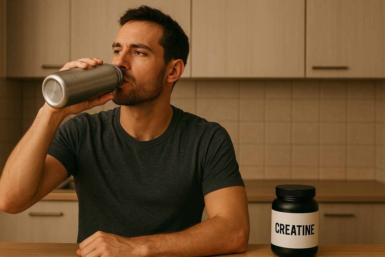 A fit man sitting in a kitchen drinking creatine from a metal water bottle with a creatine container on the counter.