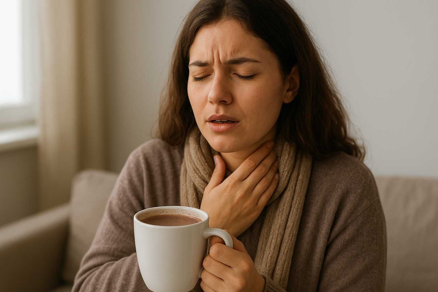A woman holding a mug of hot chocolate while touching her sore throat, looking uncomfortable, sitting indoors in a cozy setting.