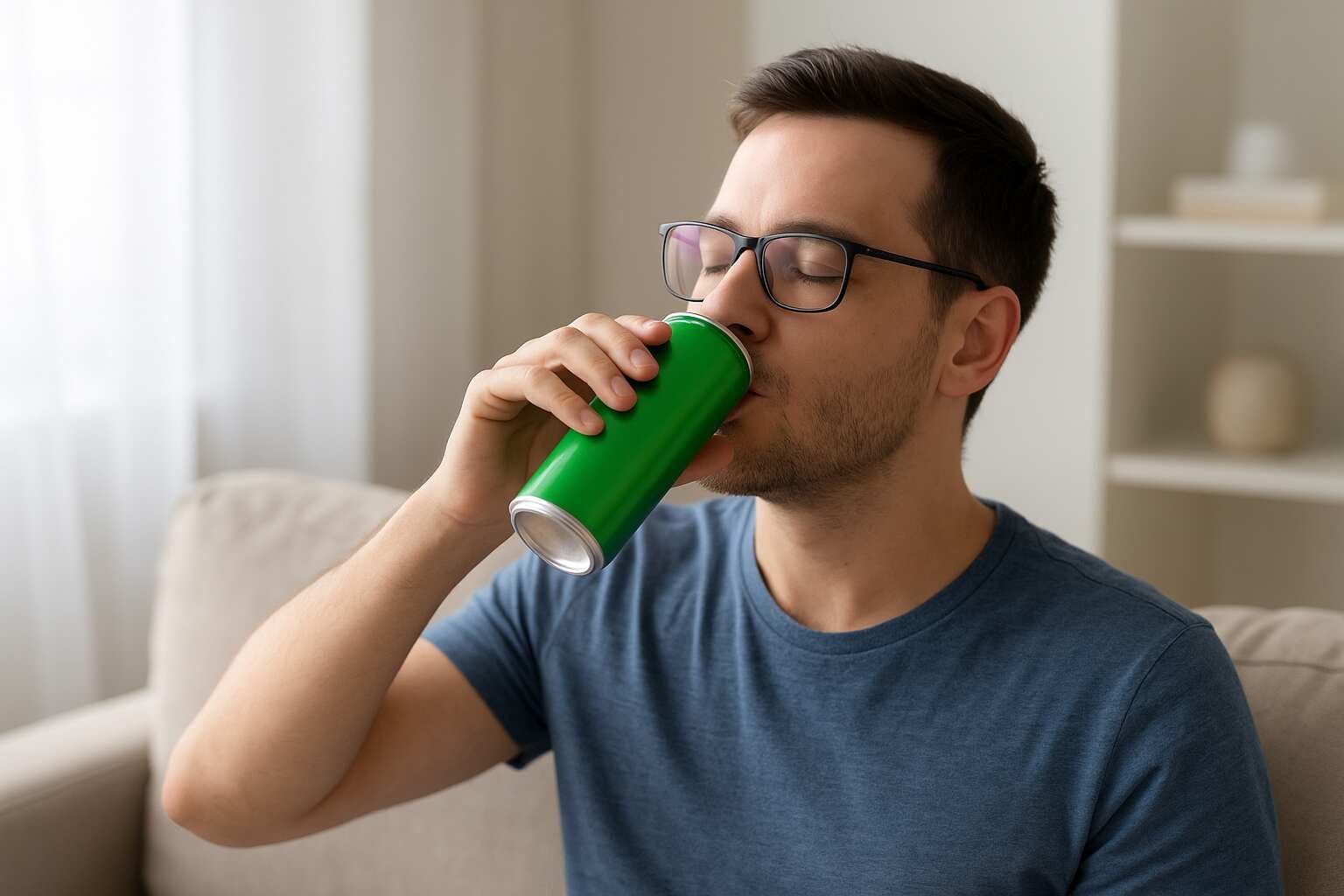 “A man sitting on a couch enjoying a canned soft drink, representing someone choosing Sprite or soda instead of a traditional energy drink.”