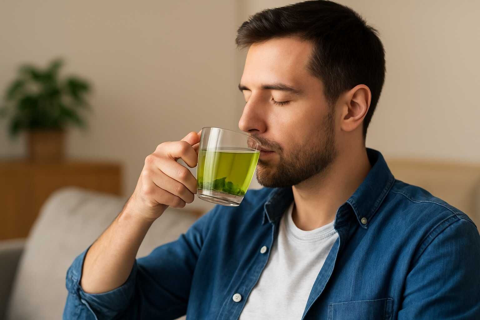 A young man sitting on a sofa, calmly drinking herbal tea from a glass mug, enjoying a relaxing moment at home with soft natural lighting in the background.