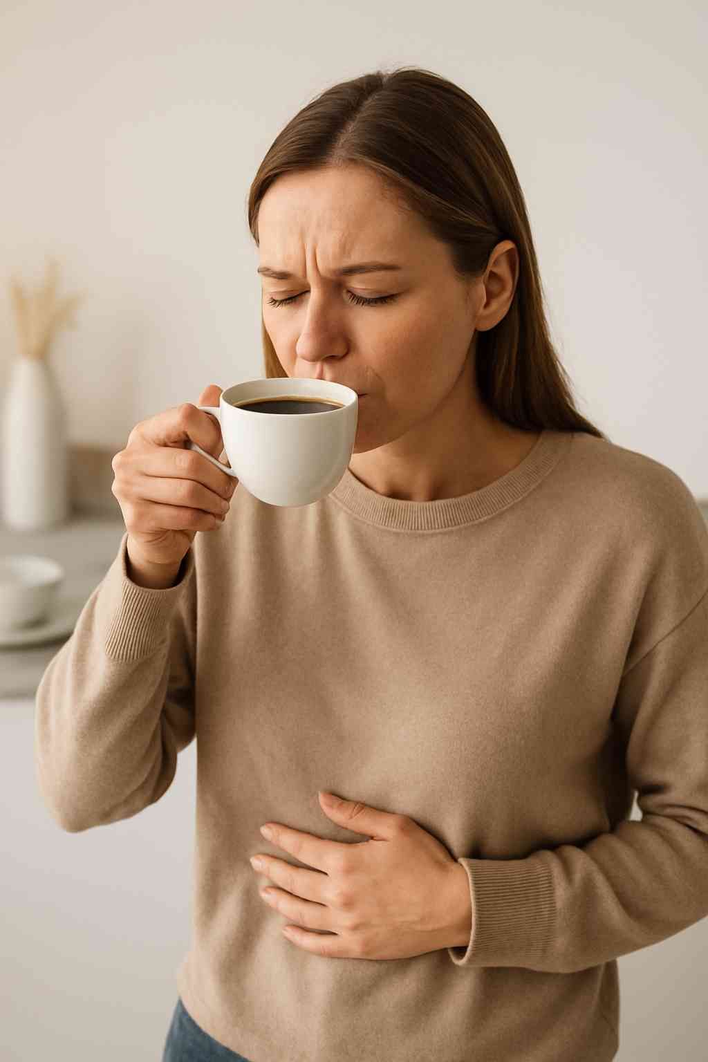 A woman holding a cup of coffee with a slightly uncomfortable expression, representing the connection between drinking coffee and digestive gas.