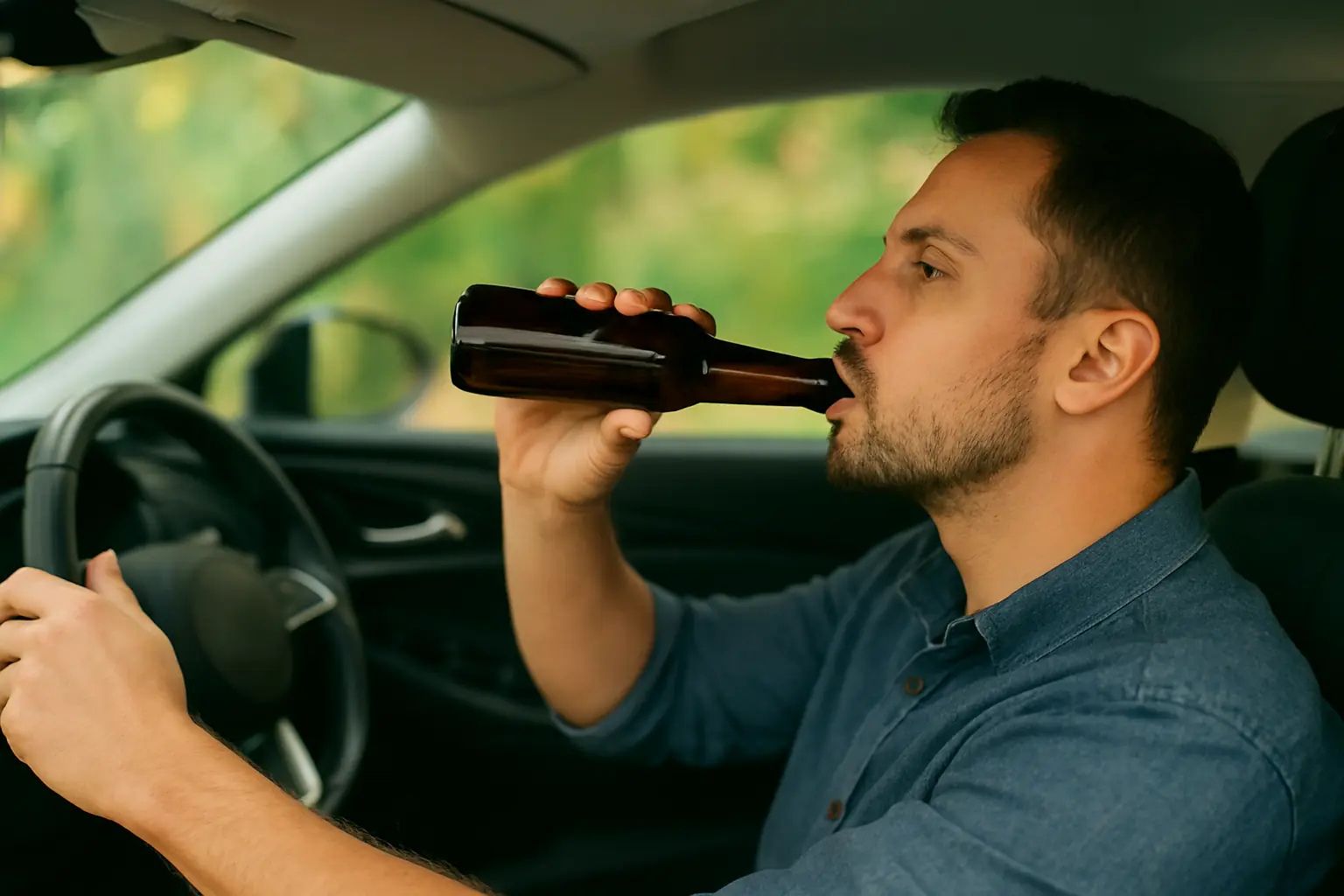 A passenger sitting in a car holding a drink while the driver focuses on the road, representing Florida’s open container laws and restrictions on alcohol consumption inside vehicles.
