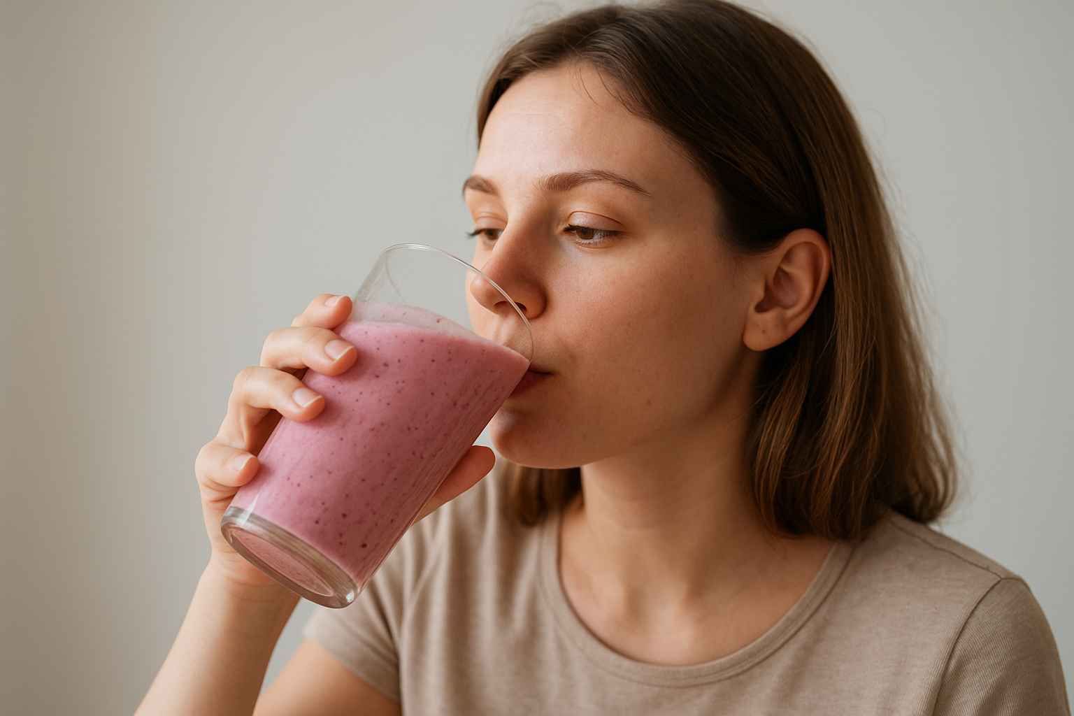 A young person drinking a smoothie through a straw after wisdom teeth removal, showing a soft, calming background and a nutritious blended drink.