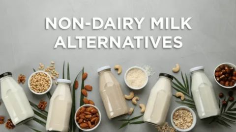 Bottles and bowls of various non-dairy milk alternatives, including almond, cashew, and oat, illustrating the wide range of plant-based milks vegans choose for nutrition and ethical reasons.