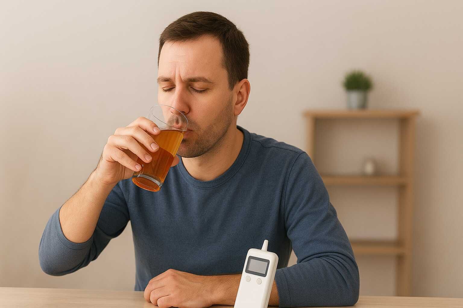 A man taking a sip from a glass of amber liquid while sitting at a table with a breathalyzer device nearby, illustrating the concept of alcohol testing for occasional drinking.