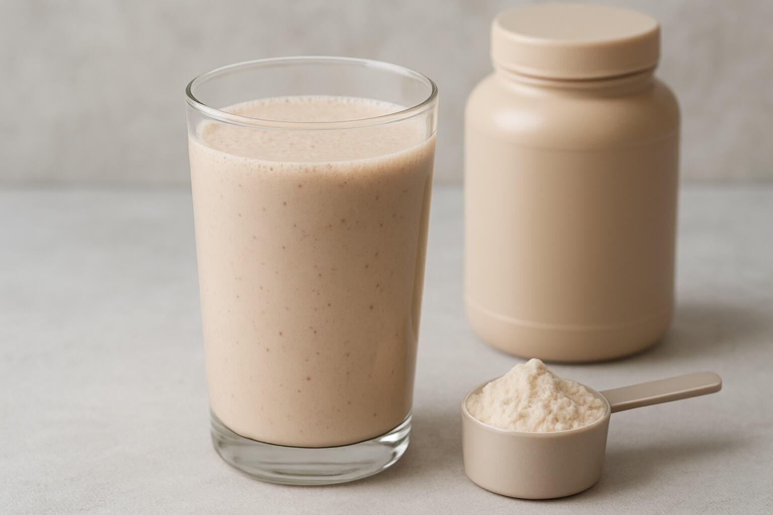 A realistic image of a person sitting on a couch holding a protein shake and appearing bloated or uncomfortable, representing how protein drinks may cause constipation.