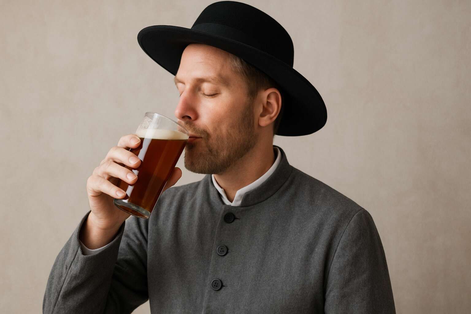 A man in traditional Quaker-style clothing drinking a glass of beer, representing the question of whether Quakers can drink alcohol.