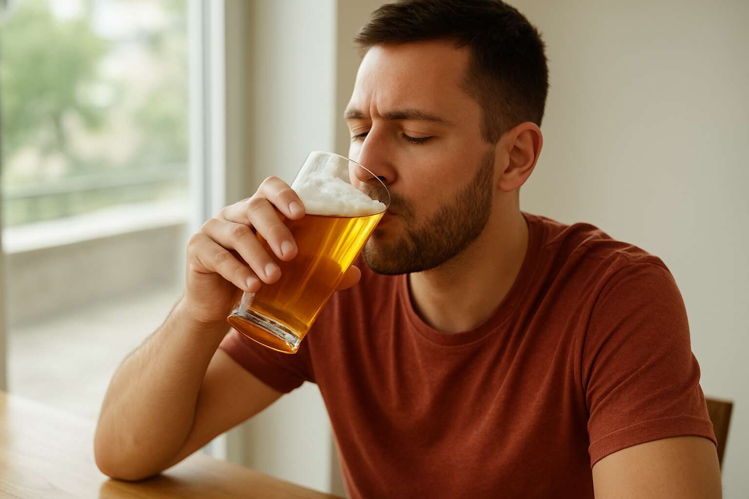 An opened beer bottle sitting on a table, left out and losing freshness, representing the question of whether you can drink beer that has been left out.