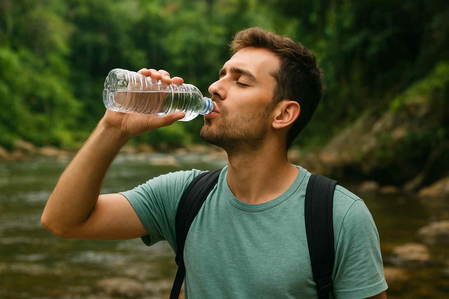 Traveler drinking bottled water outdoors in a tropical setting, representing safe hydration practices for visitors wondering if you can drink the water in Thailand.