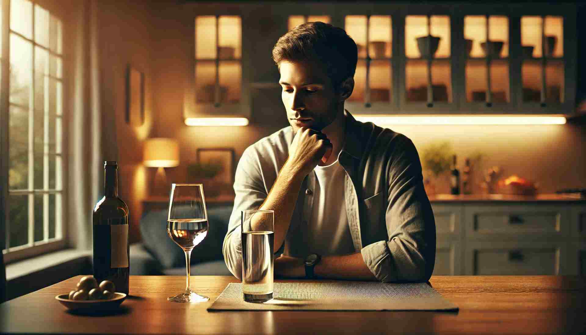 A realistic, human-centered image showing an adult sitting calmly on a sofa in a softly lit living room, holding a glass of water while a wine glass sits untouched on a nearby table, symbolizing caution with alcohol after a cardiac ablation.