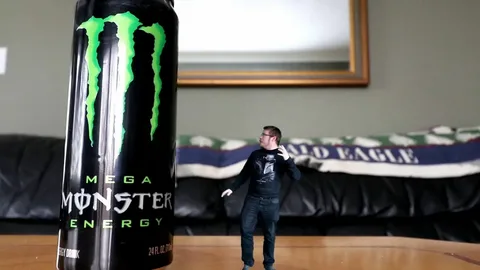 Oversized Monster Energy drink can placed beside a small human figure, visually emphasizing the height of Monster cans as discussed in the article