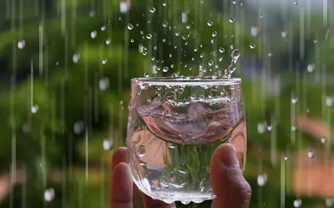 Hand holding a glass under falling rain to collect water, showing the process of rainwater harvesting — reminder that boiling, filtering, and disinfecting are essential to make rainwater safe for drinking.