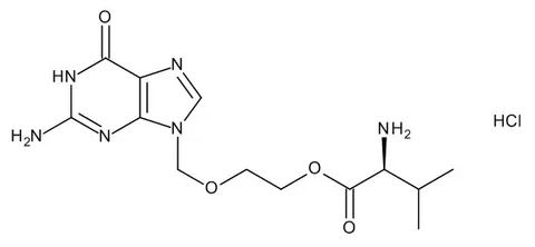 Chemical structure of valacyclovir illustrating how the antiviral medication works in the body and why alcohol may add stress to the kidneys during treatment.