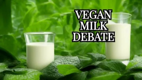 "A graphic with the words ""VEGAN MILK DEBATE"" over two glasses of white milk on a background of green leaves, clearly illustrating the central theme of dairy-free milk in the vegan lifestyle."